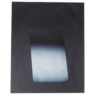 Larry Bell (B. 1939) "PFBK 6" Vapor Drawing On Paper: DESCRIPTION: Vapor drawing on paper entitled "PFBK 6" by Larry Bell depicting a gradient bar against a black background. Signed and dated at bottom center, entitled/numbered on verso. Mounted in a