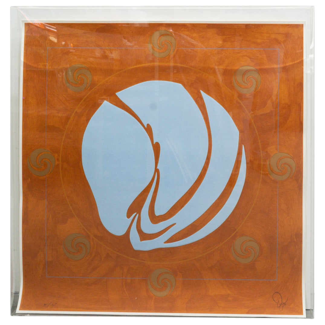 Jack Youngerman (1926-2020) "Involute: Chinese Orange" Intaglio / Silkscreen: DESCRIPTION: Hand-colored intaglio and silkscreen entitled "Involute: Chinese Orange" by Jack Youngerman depicting a large light blue swirl and smaller gold swirls against an orange background. Signed