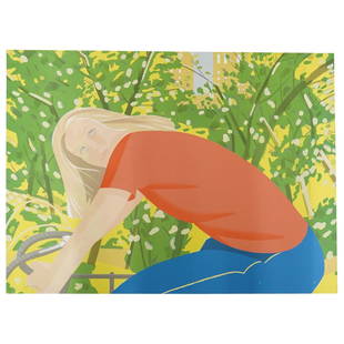 Alex Katz (American, b. 1927) Lithograph on Wove Paper: DESCRIPTION: Alex Katz (American, b. 1927) Embossed lithograph in color on heavy wove paper depicting a girl riding a bike in vibrant tones. Pencil signed: "Alex Katz (Lower Left) Editioned: