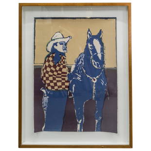 Fritz Scholder (1937-2005) Matinee Cowboy and Horse Lithograph: DESCRIPTION: Lithograph entitled "Matinee Cowboy and Horse" by Fritz Scholder depicting a cowboy standing next to a horse against an earth toned background. Signed at lower left and numbered 107 of