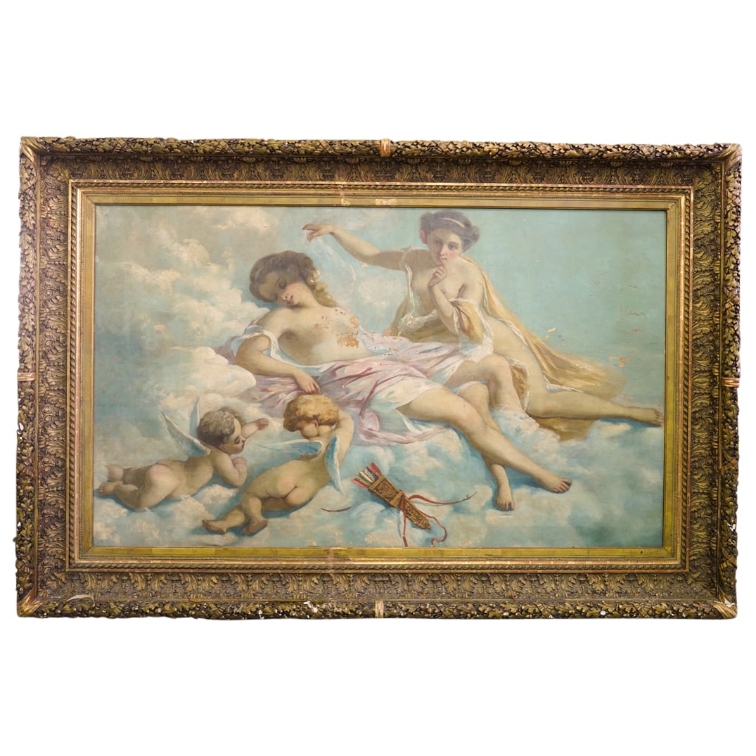 19th Cent. Monumental Oil on Canvas Painting: DESCRIPTION: 19th Century French monumental oil on canvas painting depicting the 'Allegory of Love' mounted in ornate gilt carved frame. Provenance: (Invoice from 'Evelyn S. Poole Ltd. Antiques Galler