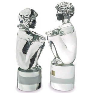 (2 Pc) Murano Loredano Rosin (Italian, 1936) Art Glass Sculptures: DESCRIPTION: (2 Pc) Murano solid art glass figural sculptures by artist Loredano Rosin (Italian, 1936), designed in clear glass depicting a pair of seated figures atop a circular block base. With engr