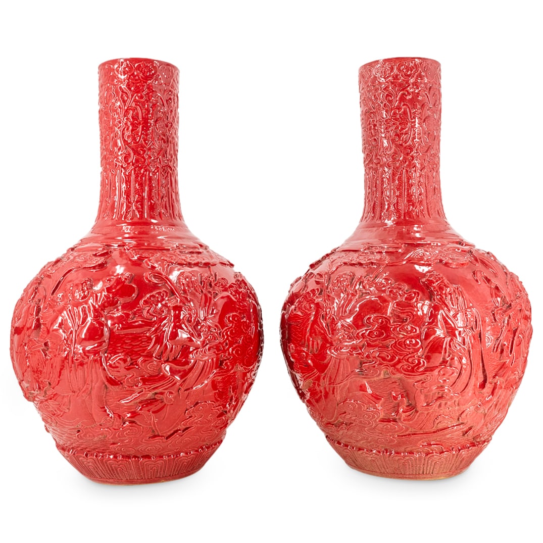 Pair of Large Chinese Porcelain Red Coral Bottle Vases (1 of 5)