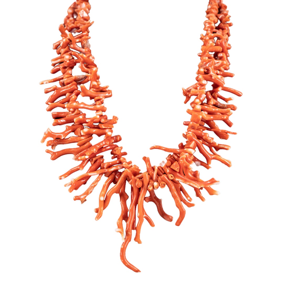 Les Bernard Red Coral Branch Necklace: DESCRIPTION: Les Bernard red coral branch necklace with gold toned closure. Signed: "Les Bernard" CIRCA: 20th Cent. ORIGIN: France DIMENSIONS: (Closed Inner) Dia: 8 (Open Length) L: 21" (Total Weight: