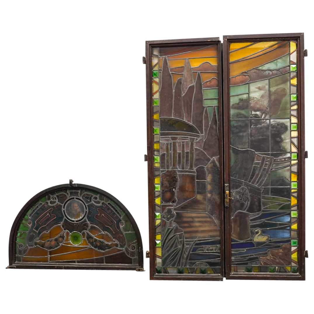 (3 Pc) Antique Leaded Stained Glass Windows (1 of 10)