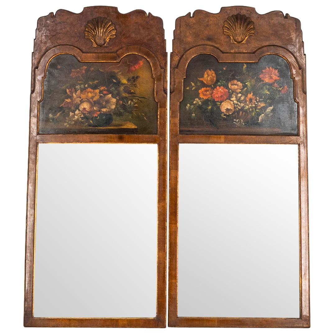 (2 Pc) Antique French Hand Painted Trumeau Mirrors: DESCRIPTION: (2 Pc) Pair of antique French hand painted wooden wall panel trumeau mirrors with a hand painted wooden frame depicting a floral bouquet motif. CIRCA: Late 19th- Early 20th Century ORIGIN