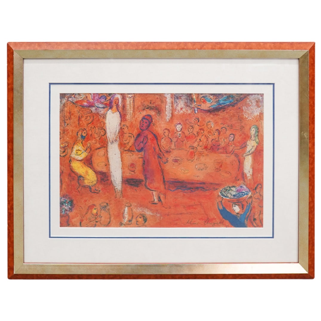 After Marc Chagall "Megacles Reconnait Sa Fille Pendant Le Festin": DESCRIPTION: After Marc Chagall's "Megacles reconnait sa Fille pendant le Festin" from Daphne et Chloe. On wove paper. Pencil signature at lower right. CIRCA: 20th Century DIMENSIONS: (Sheet) H: 12.5"