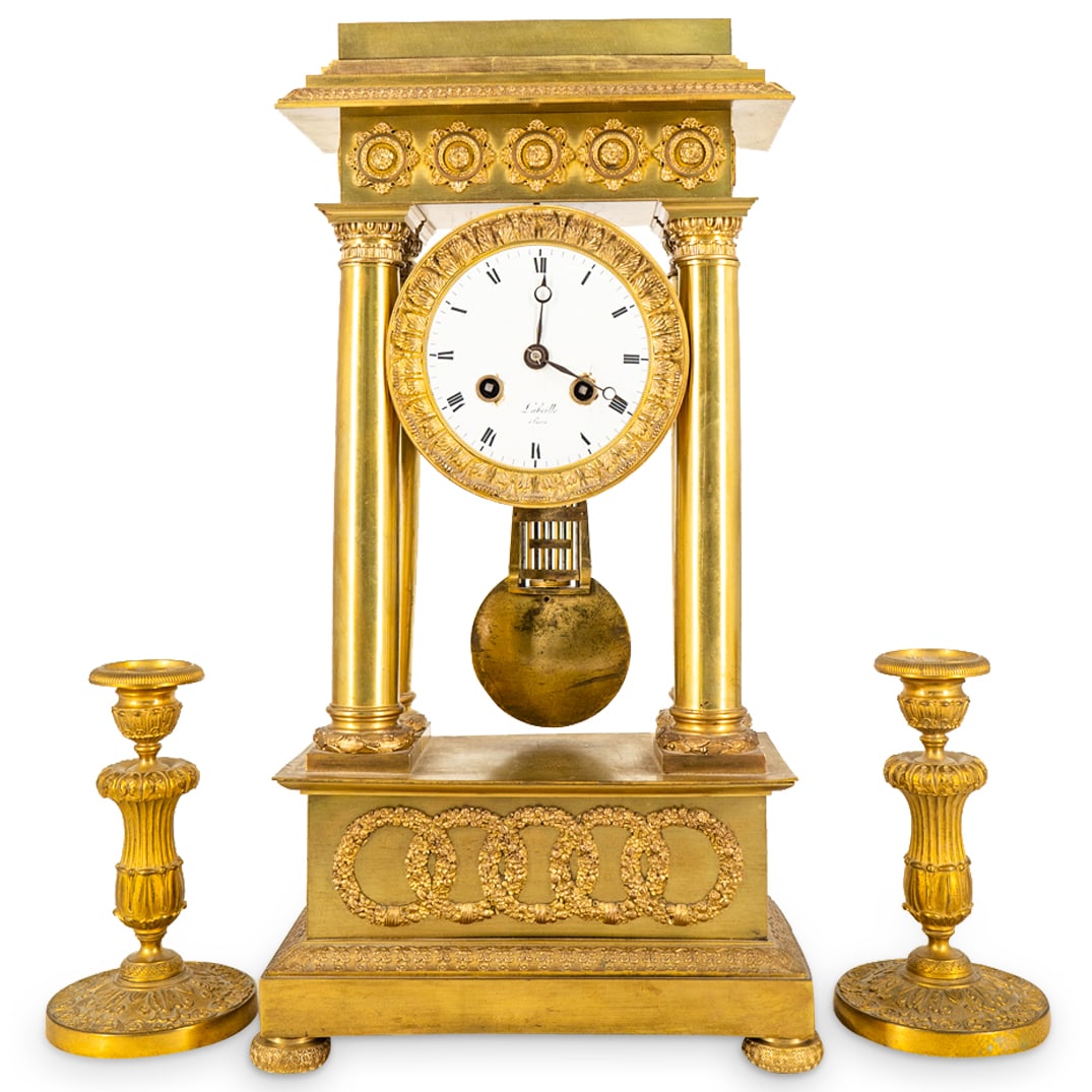 (3 Pc) Labeille A Paris Gilt Bronze Mantel Clock Set (1 of 9)