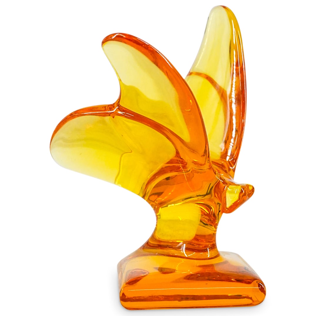 Baccarat Crystal "Butterfly" Figurine: DESCRIPTION: A Baccarat crystal "Butterfly" figurine. Depicts a butterfly with open wings in amber colored crystal. Style: #762654. Marked with "Baccarat" hallmark on the underside. CIRCA: 20th Centur