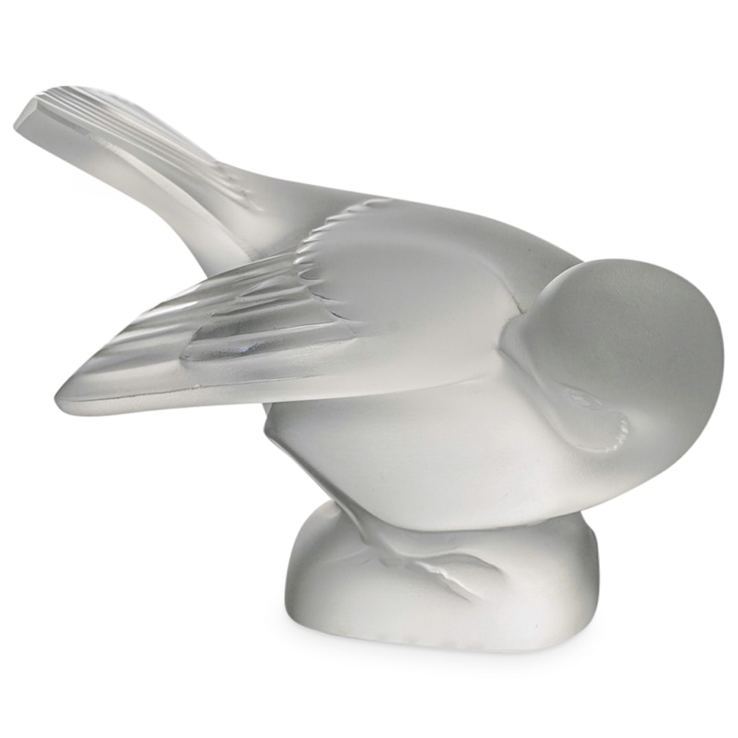 Lalique Crystal Sparrow Bird Figurine: DESCRIPTION: A Lalique frosted crystal "Sparrow Head Under Wing" bird figurine. Marked with the "Lalique France" signature on the bottom side. CIRCA: 20th Century ORIGIN: France DIMENSIONS: H: 3 1/4" 