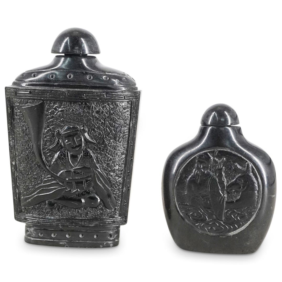 (2 Pc) Antique Chinese Carved Black Soap Stone Snuff Bottles (1 of 8)