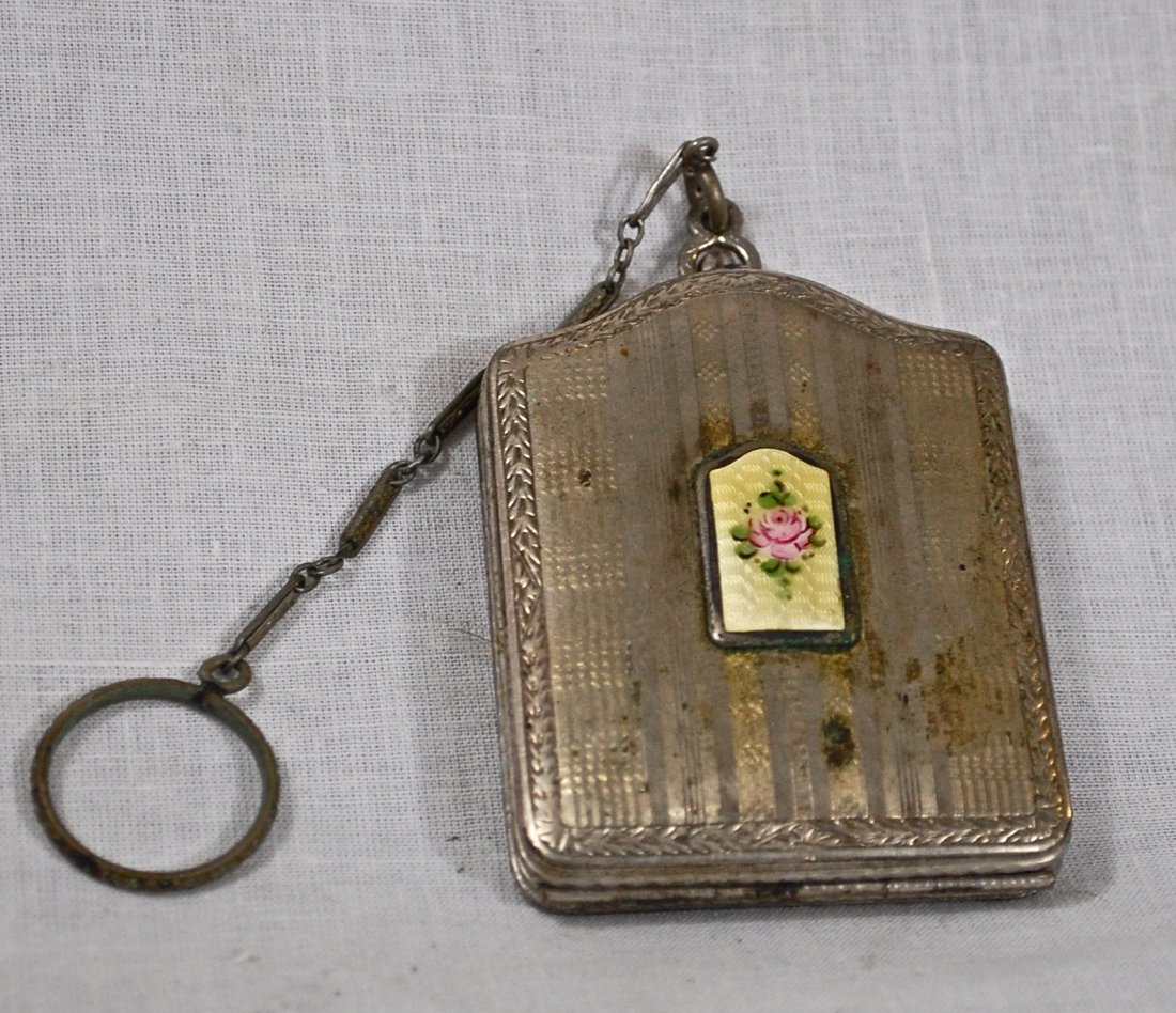 Enamel and Sterling silver compact.: DESCRIPTION: Enamel and Sterling silver Compact. Missing latch. CIRCA: 1890 MADE IN: France DIMENSIONS: