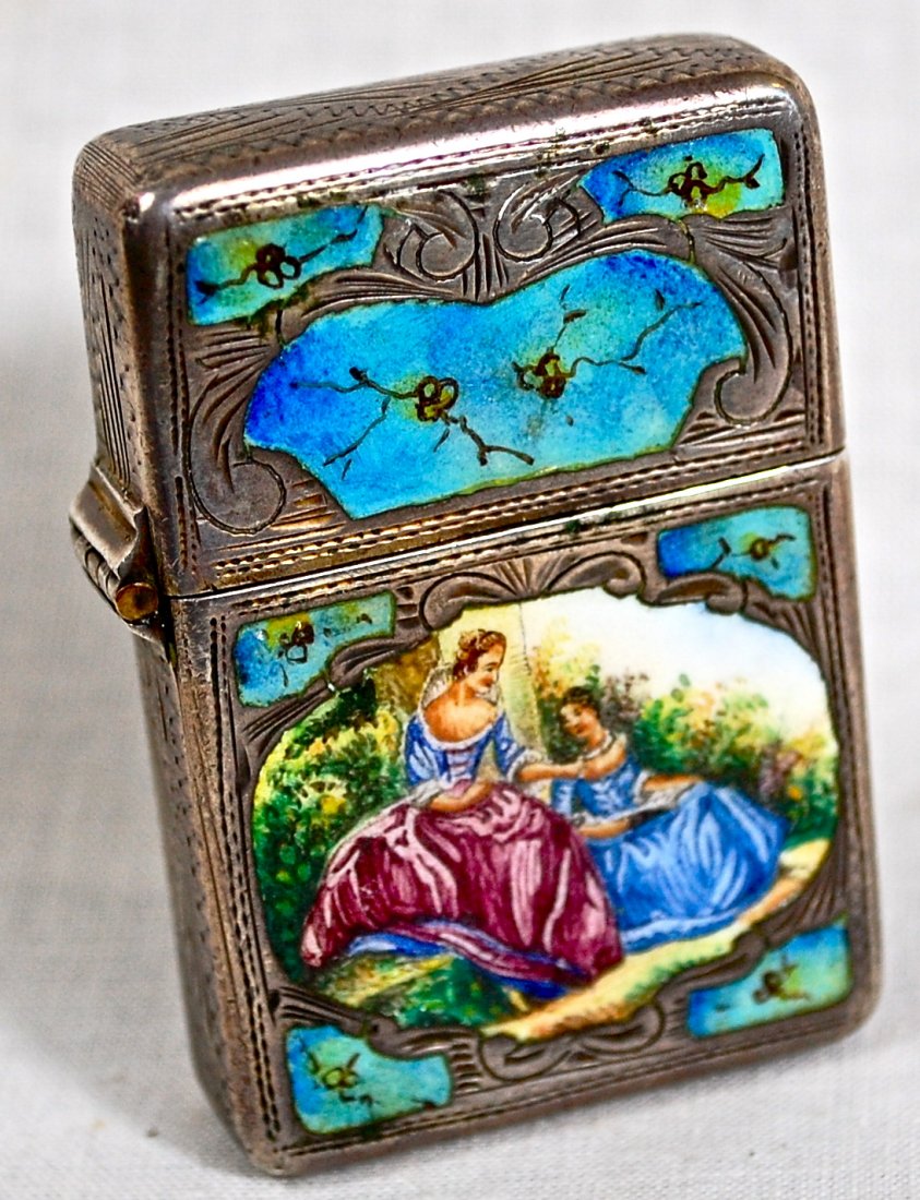 Silver and Hand painted enamel zippo style lighter: DESCRIPTION:Silver and Hand painted enamel zippo style lighter CIRCA: 1890s MADE IN: France DIMENSIONS: