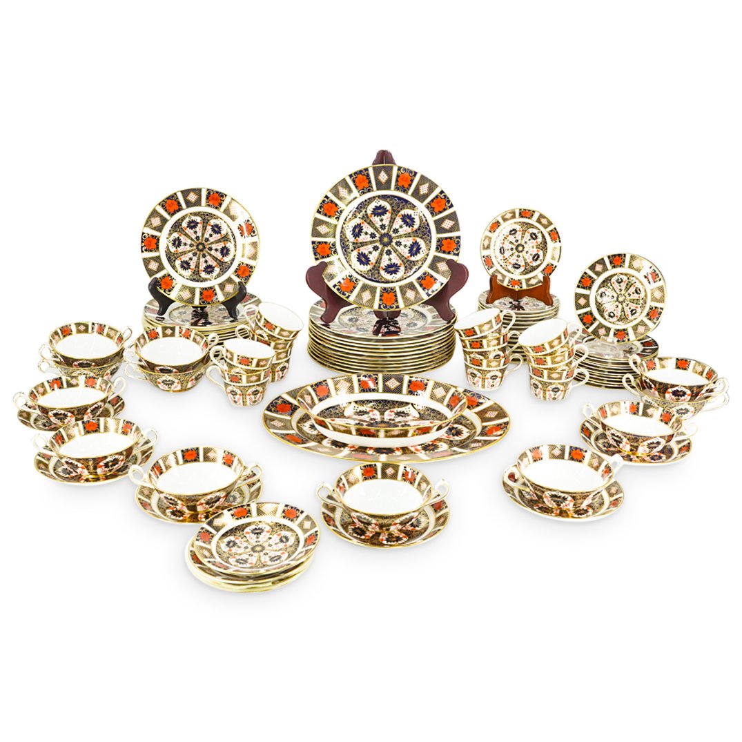 (85Pc) Royal Crown Derby Imari Porcelain Service Set: DESCRIPTION: (85Pc) Royal Crown Derby Imari Porcelain service set. Marked: "Royal Crown Derby English Bone China" Includes: (2Pc) Serving dish and underplate. (H: 2.25" x D: 10") & (H: 1.5" x D: 15") 