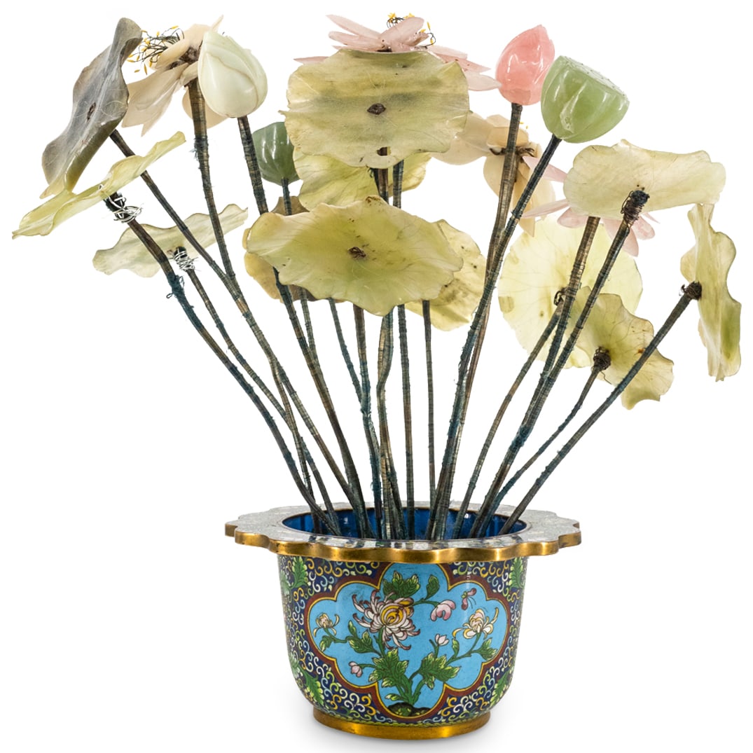 Antique Chinese Jade And Quartz Lotus In Cloisonne Planter (1 of 4)