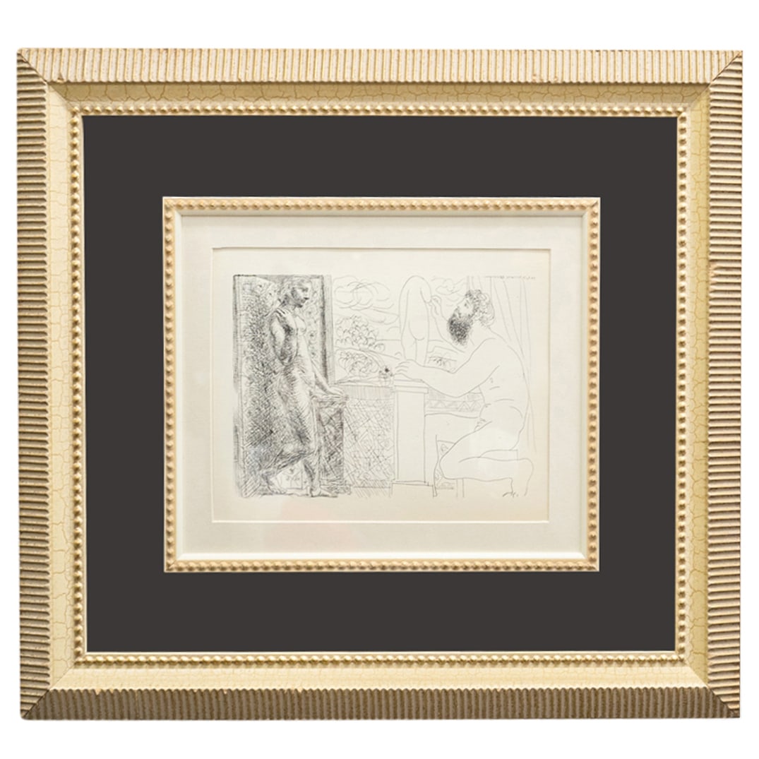 Pablo Picasso (Spanish, 1881 - 1973) Vollard Lithograph: DESCRIPTION: Pablo Picasso (Spanish, 1881 - 1973) lithograph of a work from the Vollard Suite depicting a nude man and woman. CIRCA: 20th Century ORIGIN: French DIMENSIONS: (Sight) H: 7.5" W: 9.5" (Fr