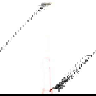 FLOS Toio Adjustable Electric Floor Lamp: DESCRIPTION: FLOS Toio mid-century red adjustable electric floor lamp designed by Achille Castiglioni (Italian, 1918 - 2002) and Pier Giacomo Castiglioni (Italian, 1913 - 1968) featuring industrial de