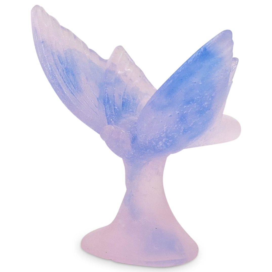 Daum Pate De Verre Butterfly Figurine: DESCRIPTION: Daum crystal pate-de-verre butterfly figurine featuring pink and purple hues. "Daum France" on underside. CIRCA: 20th Century ORIGIN: French DIMENSIONS: H: 2.5" W: 2.25" L: 2.5" CONDITION