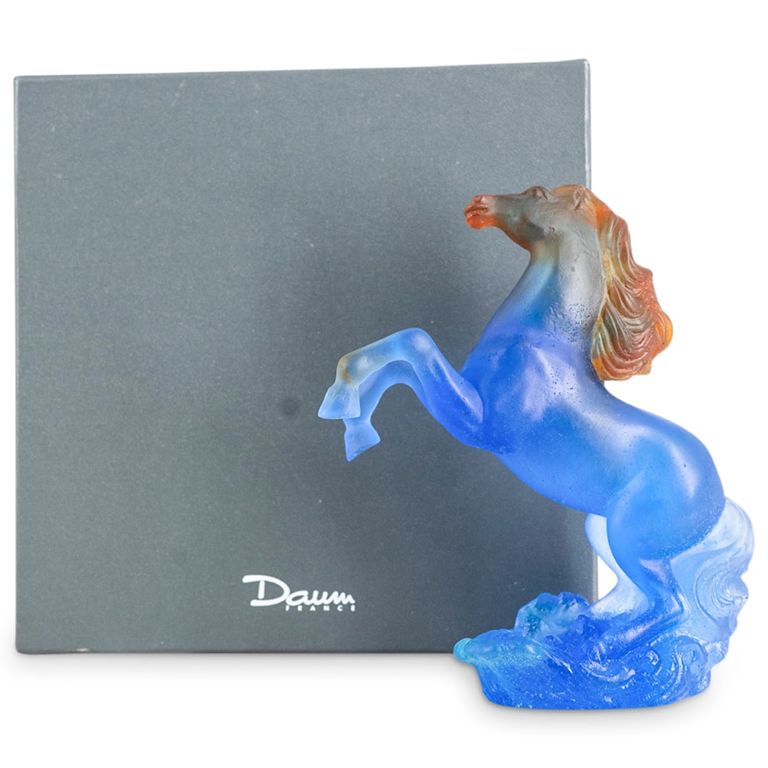 Daum Chevaux De Marly Pate De Verre Horse Figurine: DESCRIPTION: Daum crystal pate-de-verre "Chevaux de Marly" horse figurine. "Daum France" on underside. Includes box. CIRCA: 20th Century ORIGIN: French DIMENSIONS: H: 6.5" W: 2.5" L: 5.5" CONDITION: G