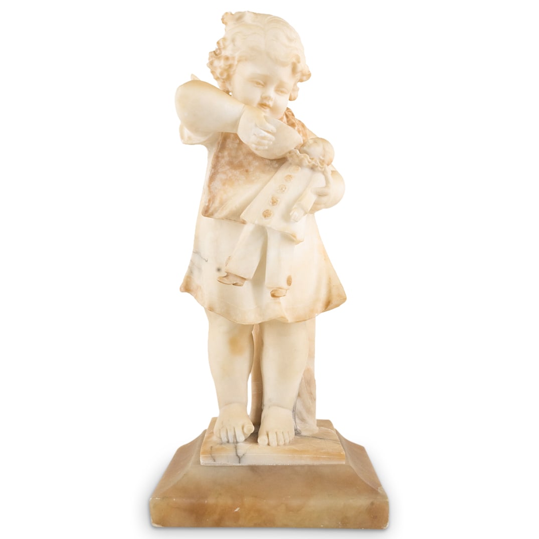 Antique Italian Alabaster Girl W/ Doll: DESCRIPTION: Alabaster sculpture depicting a girl feeding her doll from a ladle. CIRCA: 20th Century ORIGIN: Italy DIMENSIONS: H: 14.25" W: 6" L: 6" - CONDITION: Possible repair near foot of column be