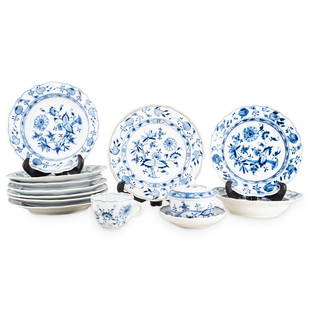 (13 Pc) Meissen Porcelain "Blue Onion" Grouping: DESCRIPTION: (13 Pc) Meissen porcelain "Blue Onion" patterned assorted grouping set, including the following items: (1 Pc) Meissen porcelain "Blue Onion" lidded sugar bowl with rose finial on lid. H: