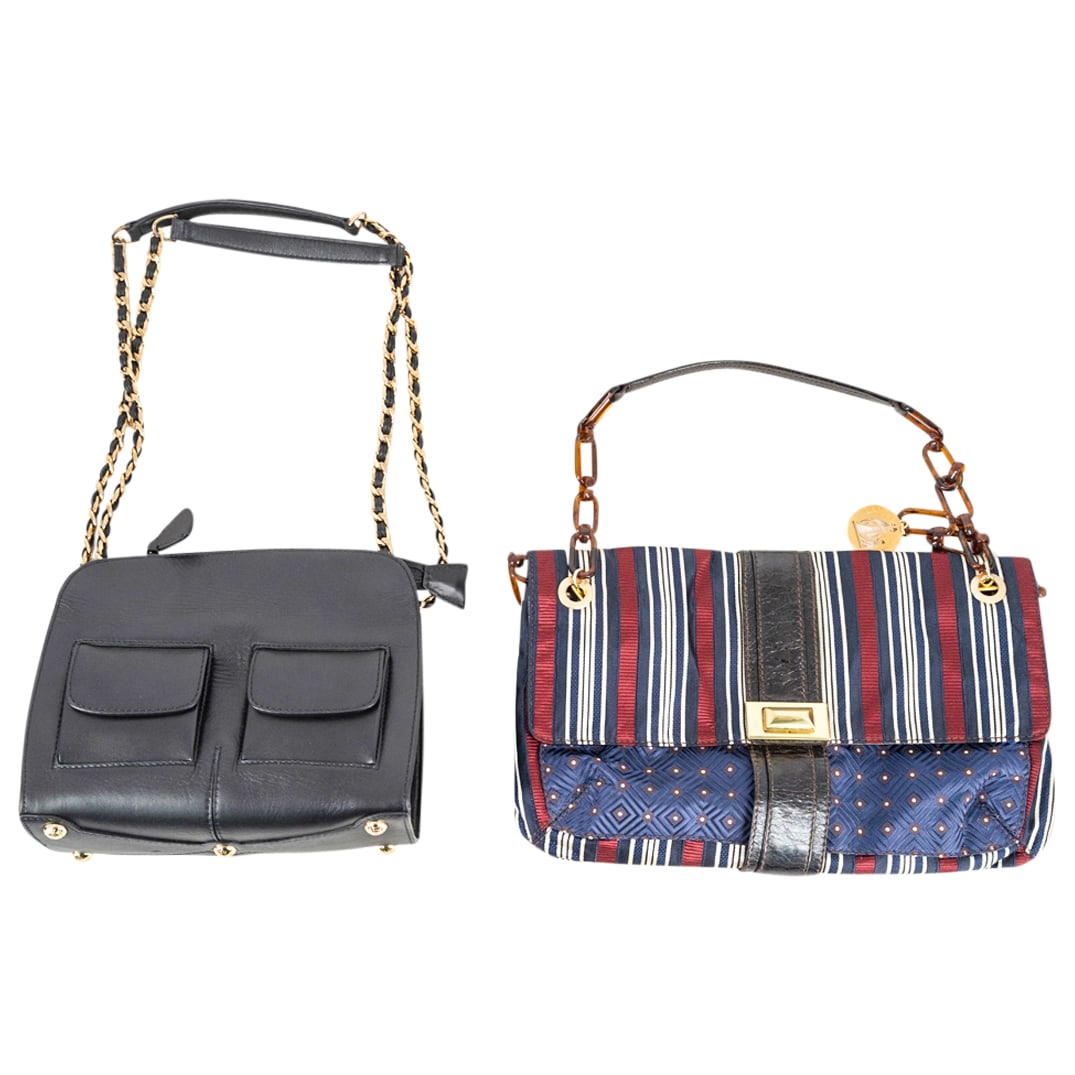 (2Pc) Stuart Weitzman & Lanvin Paris Handbags: DESCRIPTION: (2Pc) Stuart Weitzman and Lanvin Paris handbag grouping, includes one black leather with gold toned hardware bag marked: "Stuart Weitzman" and one silk bag with gold hardware and plastic