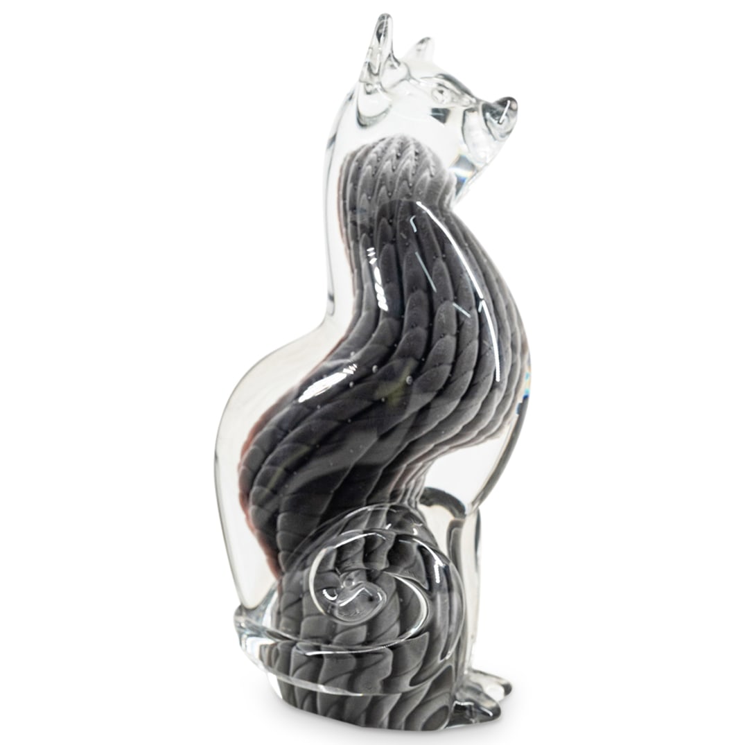 Reijmyre Sweden Art Glass Cat: DESCRIPTION: Reijmyre Sweden art glass cat with black to clear design. Signed: "FM Reijmyre Sweden" CIRCA: 20th Cent. ORIGIN: Sweden DIMENSIONS: H: 8.5" x D: 4.5" CONDITION: Great condition. See lot d