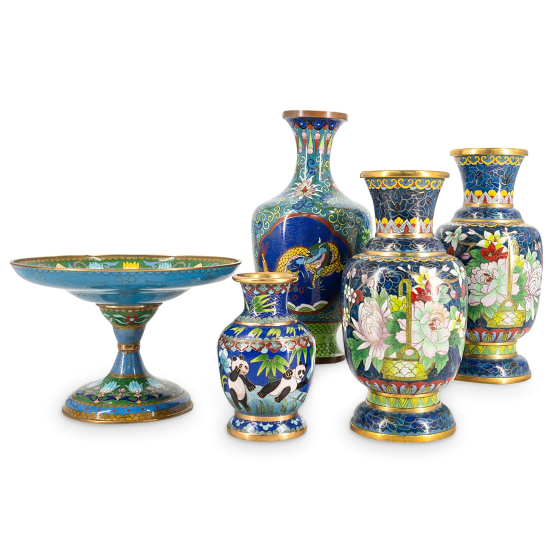 (5 Pc) Antique Chinese Cloisonne Vases And Compote (1 of 8)