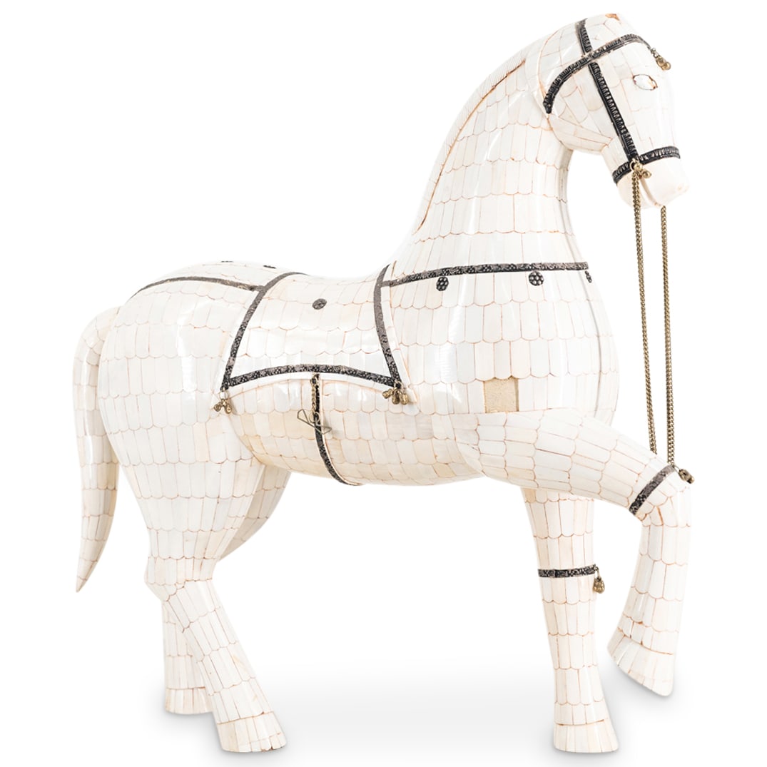 Antique Chinese Tessellated Carved Bone Horse: DESCRIPTION: Tang style horse sculpture composed of wood coated in tessellated, carved bone tiles adorned with metal bells and trimmings. CIRCA: 19th to early 20th Century ORIGIN: USA DIMENSIONS: H: 1