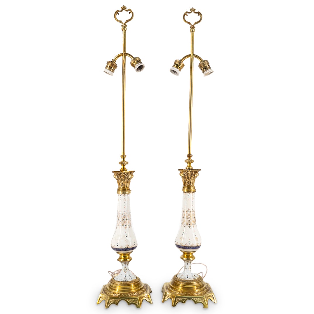 Pair French Porcelain & Brass Electric Lamps (1 of 6)
