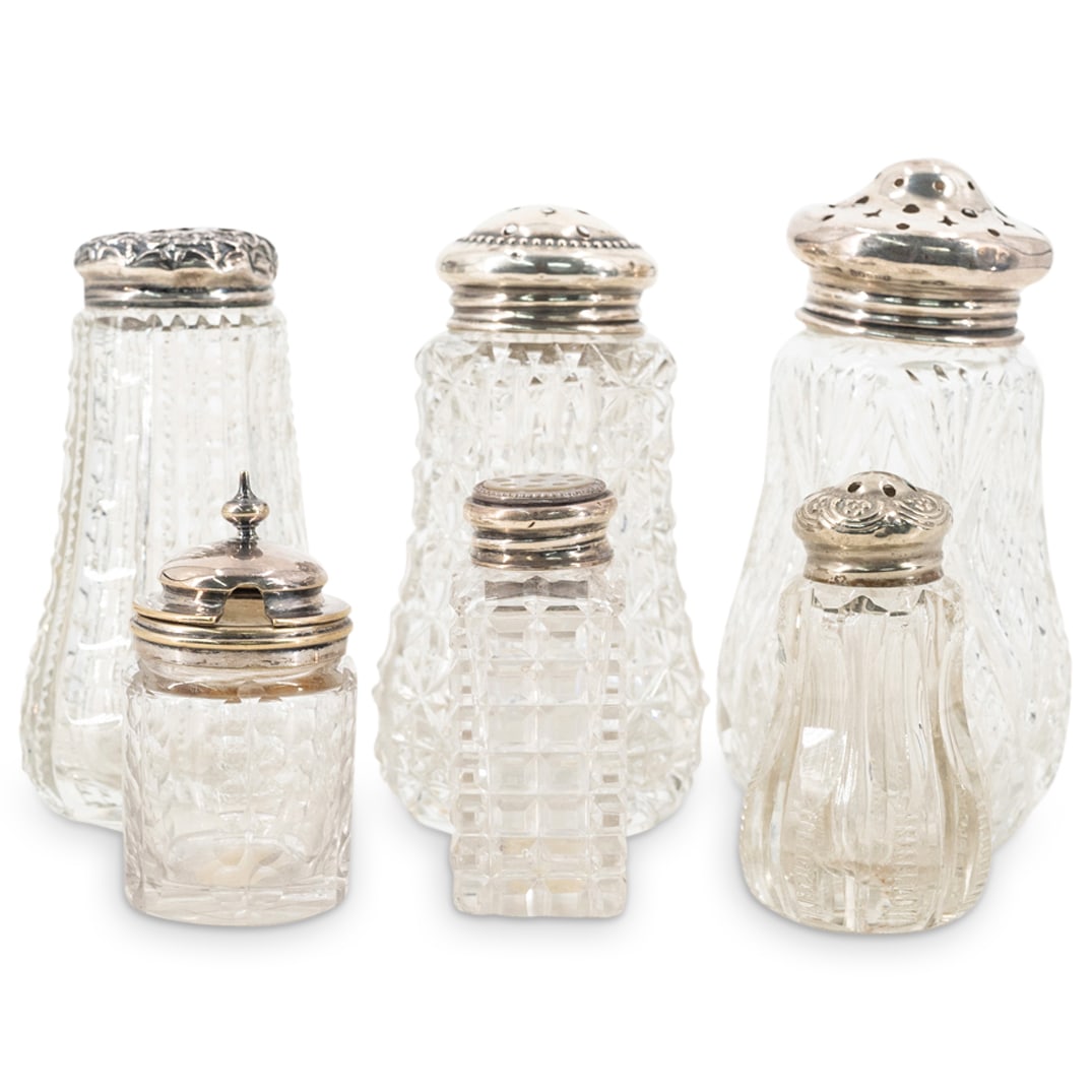 (6 Pc) Antique Sterling Silver & Glass Sugar/Salt Shakers (1 of 9)