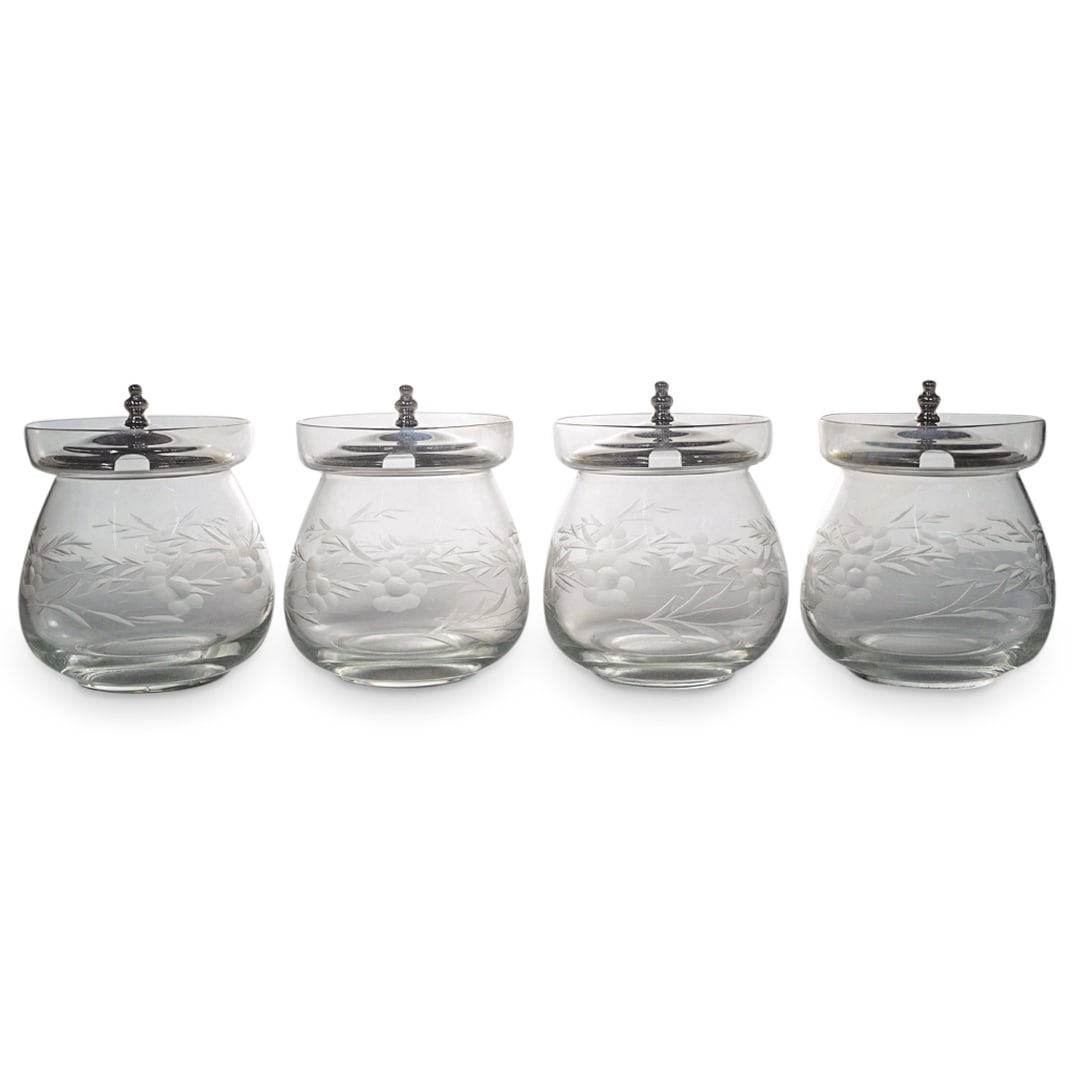 (4 Pc) Wallace Sterling Silver And Glass Jam Jars (1 of 3)