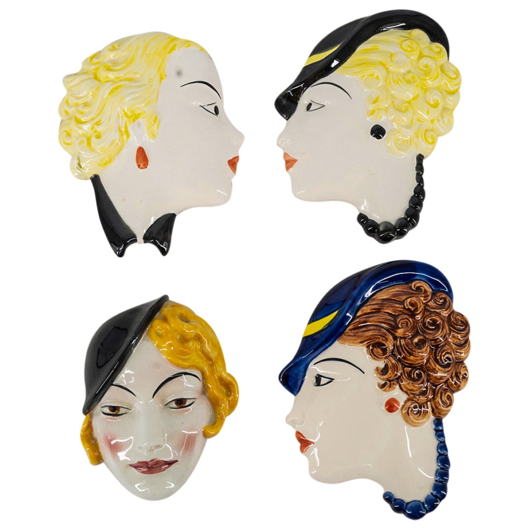 (4 Pc) English Art Deco Glazed Ceramic Face Wall Masks (1 of 10)