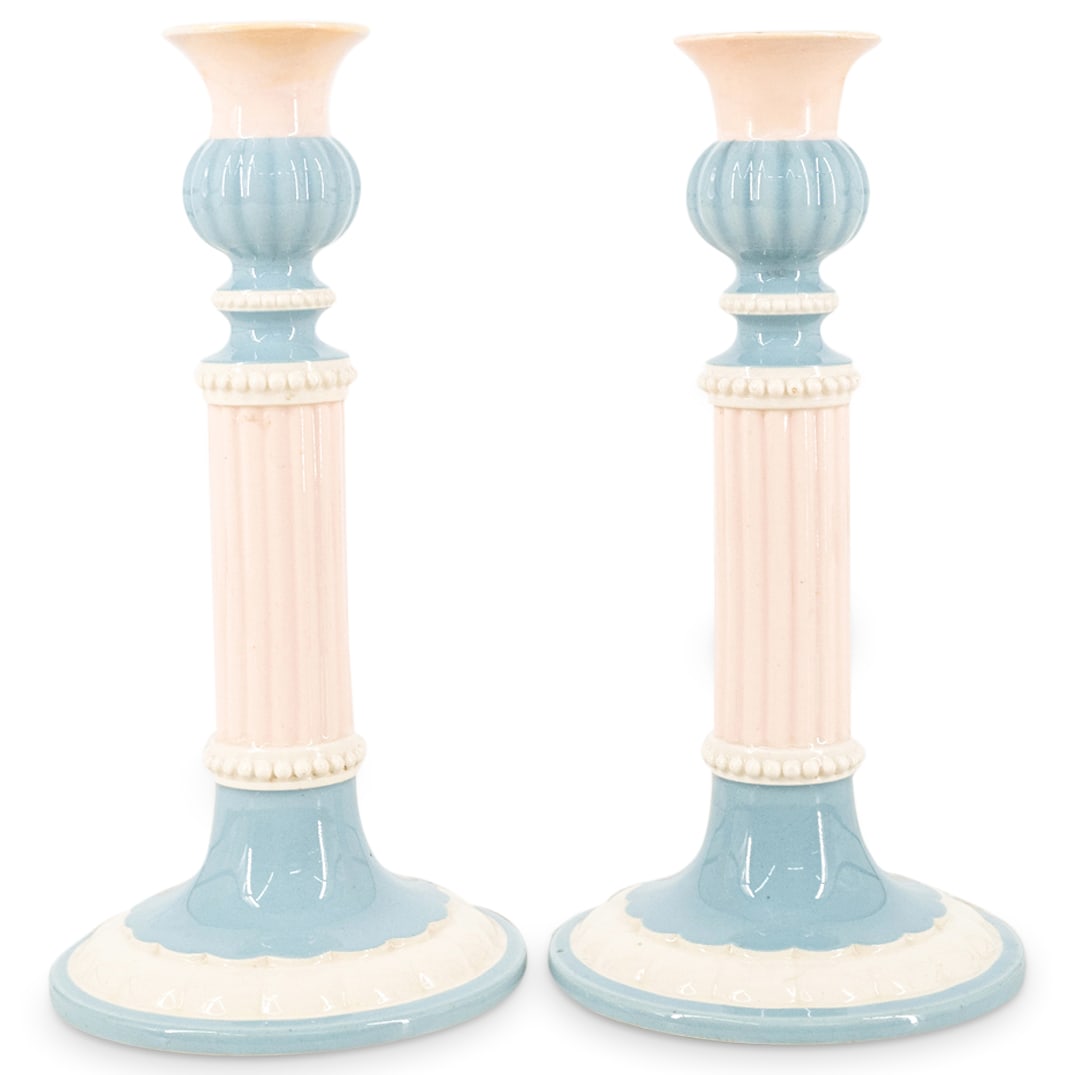 (2 Pc) Antique English Wiltshaw & Robinson Porcelain Candlesticks: DESCRIPTION: (2 Pc) Antique English Wiltshaw and Robinson glazed porcelain candlesticks in light blue and light pink hues. With glazed finish. Marked on the underside. CIRCA: Late 19th-Early 20th Cent