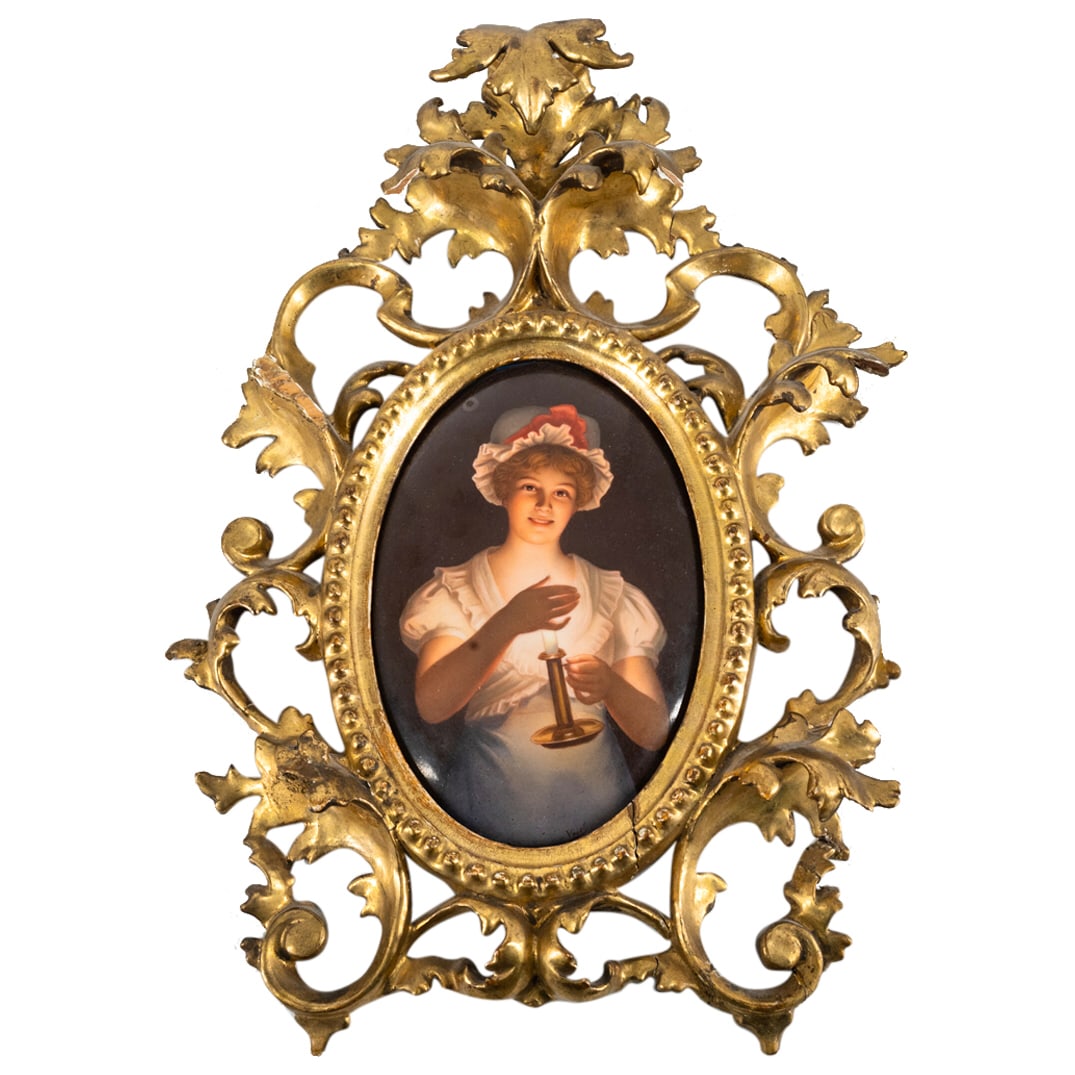 KPM Girl With Candle Porcelain Plaque: DESCRIPTION: Porcelain plaque from the KÃ¶nigliche Porzellan-Manufaktur (KPM) depicting a woman in night garb holding a candle. Hallmarked on verso and signed at lower right. Mounted in an open-work