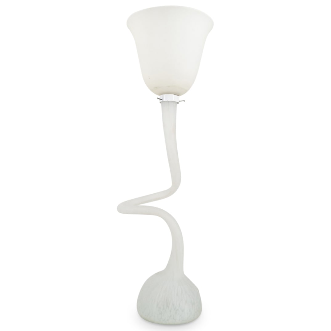 Mid Century Modern Czech Art Glass Table Lamp: DESCRIPTION: Bohemian art glass table lamp featuring a domed base supporting a spiraling stem crowned with a flared lipped shade. Tested, see condition. CIRCA: 20th Century ORIGIN: Czechoslovakia DIME
