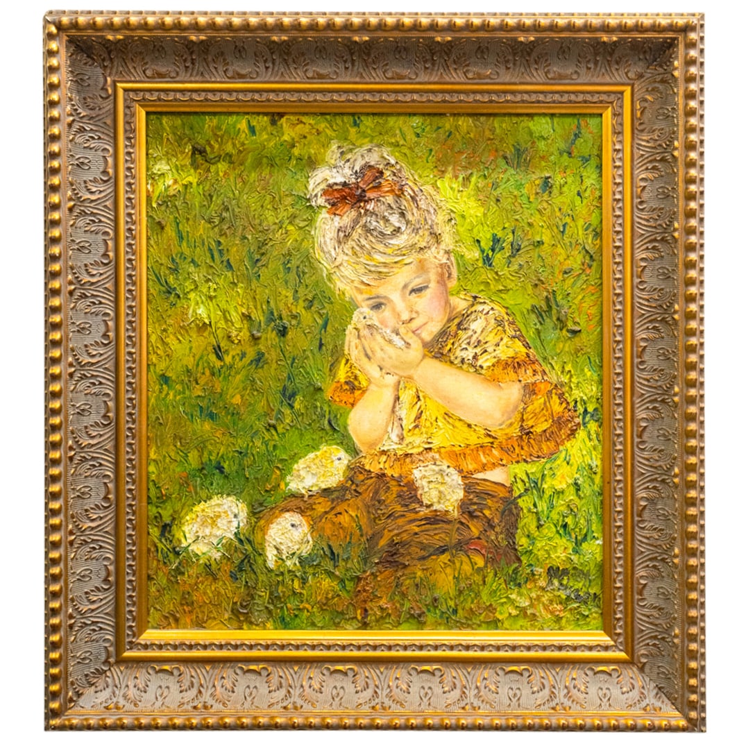 Angelo Signed Impasto Painting: DESCRIPTION: Angelo signed impasto on canvas painting featuring a young girl admiring chicks against a grassy green backdrop, signed Angelo, mounted in gilt wood frame. CIRCA: 20th Cent. ORIGIN: DIMEN