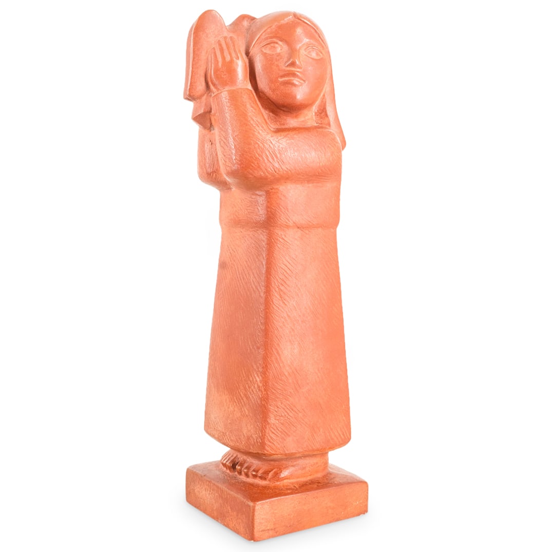 Cleo Hartwig (1907-1988) Woman With Dove: DESCRIPTION: Ceramic sculpture by Cleo Hartwig depicting a woman carrying a dove in her hands and standing on a square base signed "C. HARTWIG". CIRCA: 20th Century ORIGIN: USA DIMENSIONS: H: 10.25" W