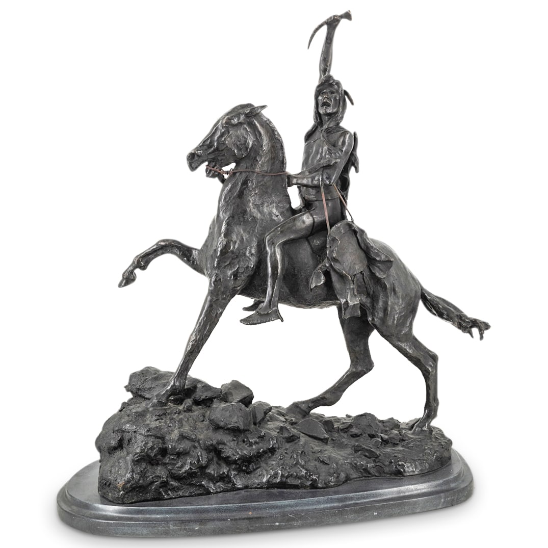 After Frederic Remington "The Scalp" Bronze Sculpture: DESCRIPTION: Bronze sculpture after Frederic Remington's "The Scalp" depicting a Native American Indian on horseback holding a weapon aloft. "Copyright by Frederic Remington" on side. On hard stone ba