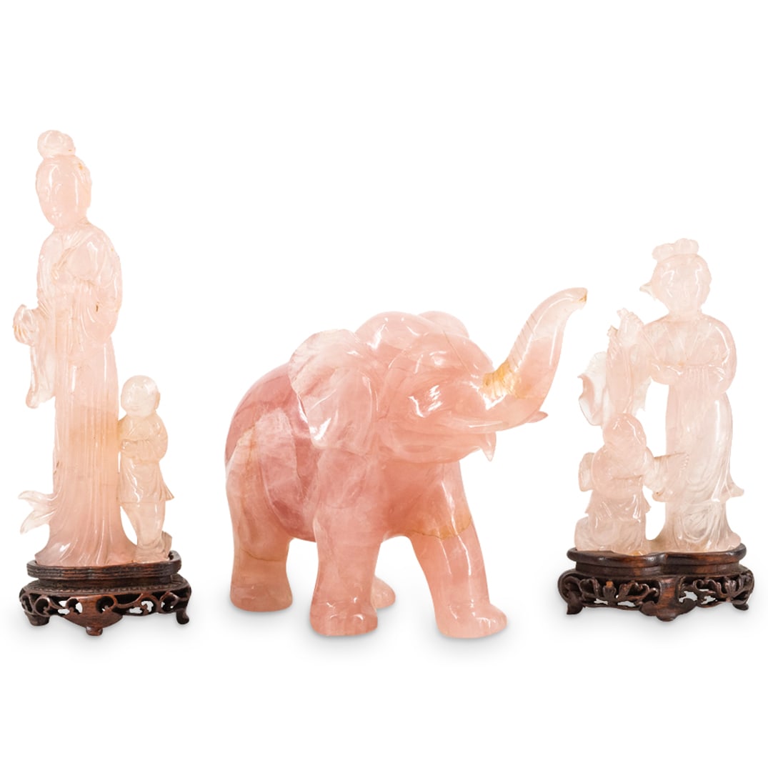 (3 Pc) Chinese Carved Rose Quartz Figurines (1 of 8)