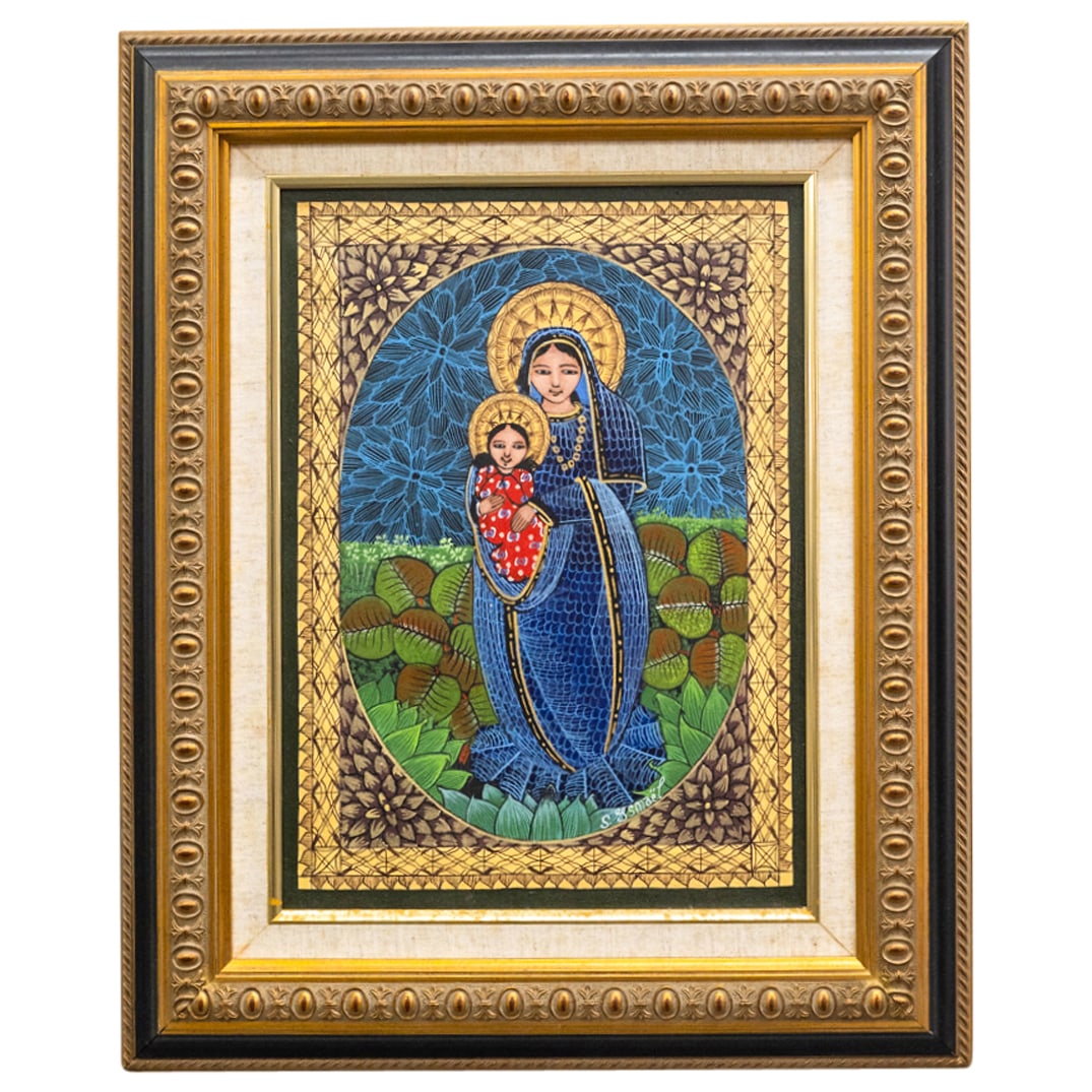 Ismael Saincilus (Haitian) Madonna with Child Painting: DESCRIPTION: DESCRIPTION: A Ismael Saincilus (Haitian, 1940-2000) small acrylic painting on canvas depicting a Madonna with child. Signed "Ismael Saincilus" in the lower right bottom corner. CIRCA: 20