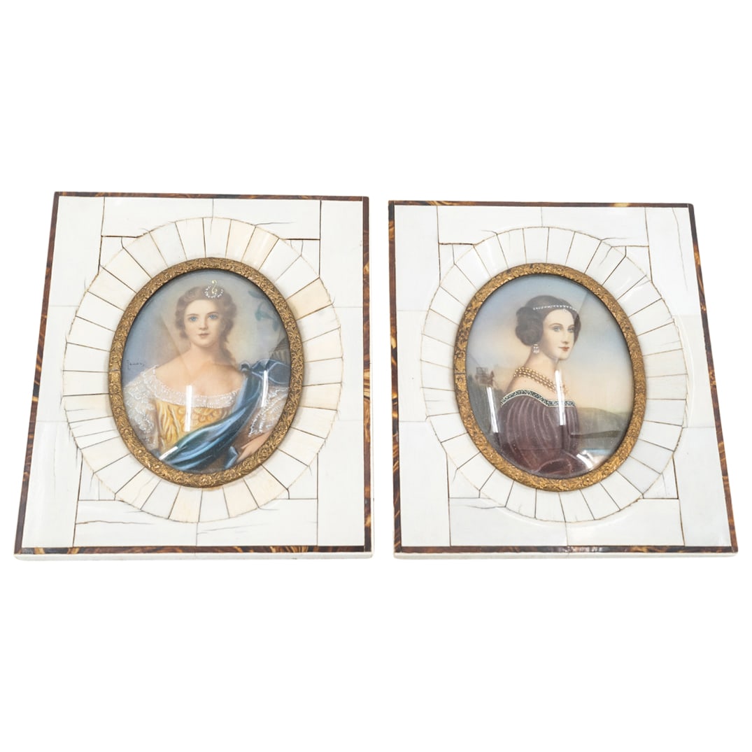 Pair of Antique Carved Bone Framed Portraits: DESCRIPTION: A pair of Antique carved bone portraits set inside a carved bone and Tortoise frame. CIRCA: 20th Cent. ORIGIN: France DIMENSIONS: 5.25" W: 4.75" CONDITION: Great condition. See lot descri