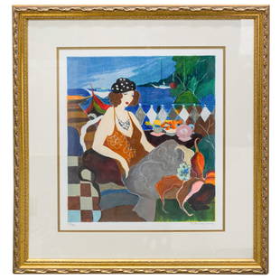 Itzchak Tarkay (Israeli, 1935 - 2012) Serigraph Of Seated Woman: DESCRIPTION: Serigraph by Itzchak Tarkay (Israeli, 1935 - 2012) depicting a seated woman, with the boats and water in the background. Pencil signed at lower right. Pencil numbered "116/350" at lower l