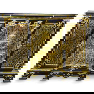 19th C. Napoleon III Fine French Boulle Hauteur D'Appui, Attrib. Befort Jeune Cabinet: DESCRIPTION: 19th C. Fine Napoleon III French Boulle Hauteur D'appui cabinet attributed to Befort Jeune, features ebonized wood foundation, fitted with three cupboard doors, the middle door with a cen