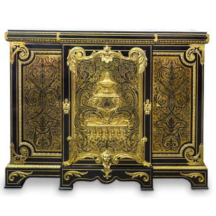 19th C. Napoleon III Fine French Boulle Hauteur D'Appui, Attrib. Befort Jeune Cabinet: DESCRIPTION: 19th C. Fine Napoleon III French Boulle Hauteur D'appui cabinet attributed to Befort Jeune, features ebonized wood foundation, fitted with three cupboard doors, the middle door with a cen