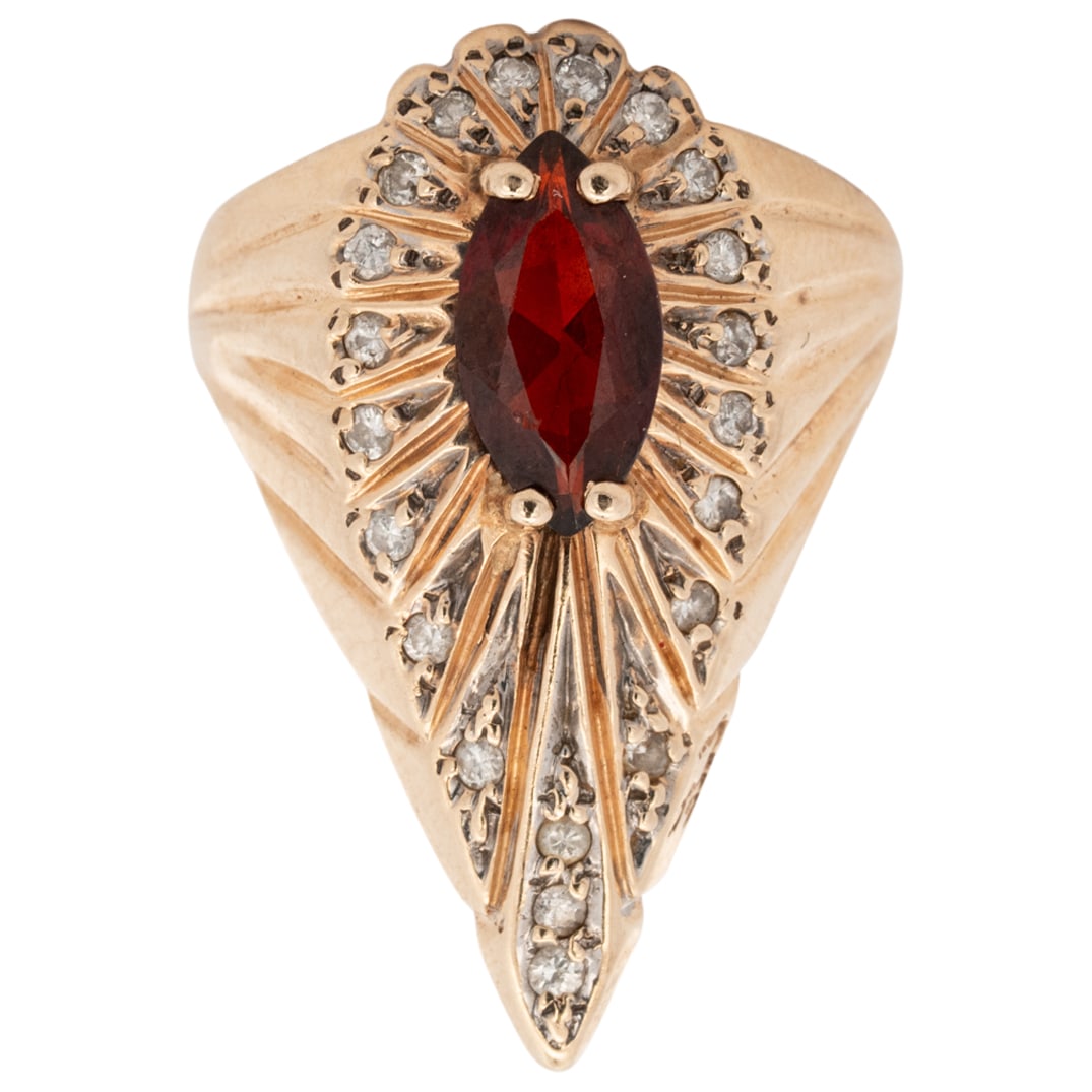 Erte 14k Gold, Diamond and Garnet "Peacock" Ring (1 of 7)