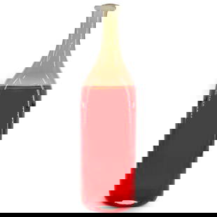 Alfredo Barbini (1912-2007) Murano Bottle Vase: DESCRIPTION: Murano glass vase by Alfredo Barbini crafted as a red bottle with a beige shoulder, neck, and lip. Signed "Barbini Murano" immediately above foot and numbered "46" on underside. CIRCA: 20