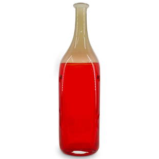 Alfredo Barbini (1912-2007) Murano Bottle Vase: DESCRIPTION: Murano glass vase by Alfredo Barbini crafted as a red bottle with a beige shoulder, neck, and lip. Signed "Barbini Murano" immediately above foot and numbered "46" on underside. CIRCA: