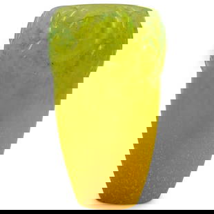 Amalric Walter Nancy (1870-1959) Pate De Verre Vase: DESCRIPTION: Art Deco pate-de-verre vase by Amalric Walter Nancy featuring a green to yellow gradient and swirling clouds around its lip. Signed above foot. CIRCA: Late 19th to early 20th Century ORIG