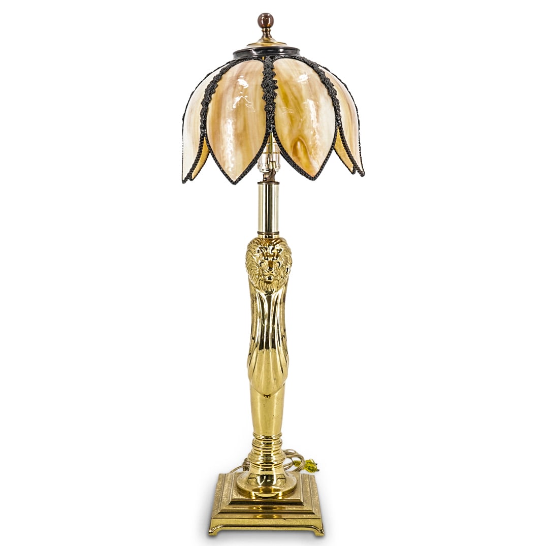 Gilt Brass Lion Lamp W/ Slag Glass Shade (1 of 6)